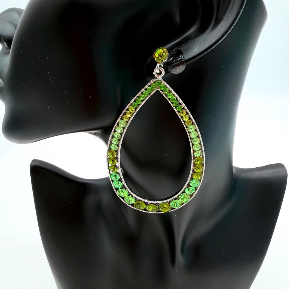 Green Rhinestone Teardrop Earrings Silver Tone Large Statement Dangle Glam